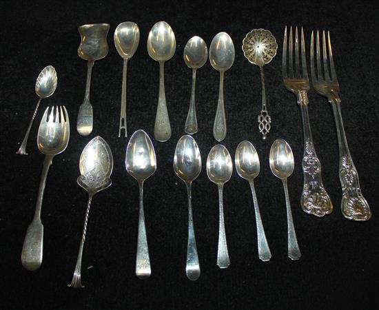 Pair silver table forks and 14 other assorted silver flatware